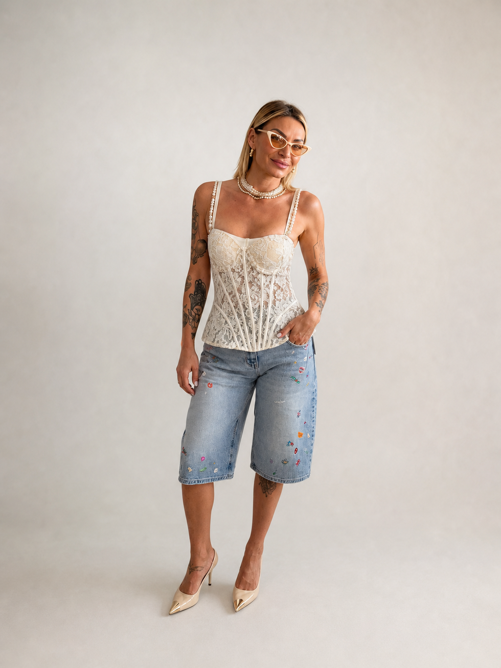 Top corsetto in pizzo bianco donna