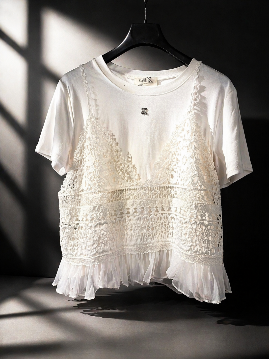 T-shirt bianca donna con top in pizzo