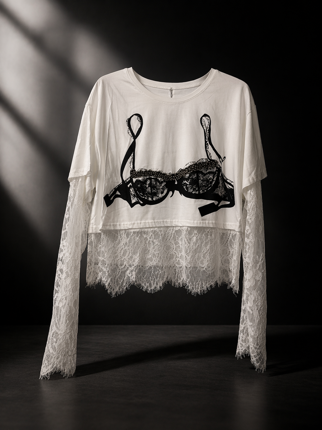 Maglia in cotone e pizzo bianca donna