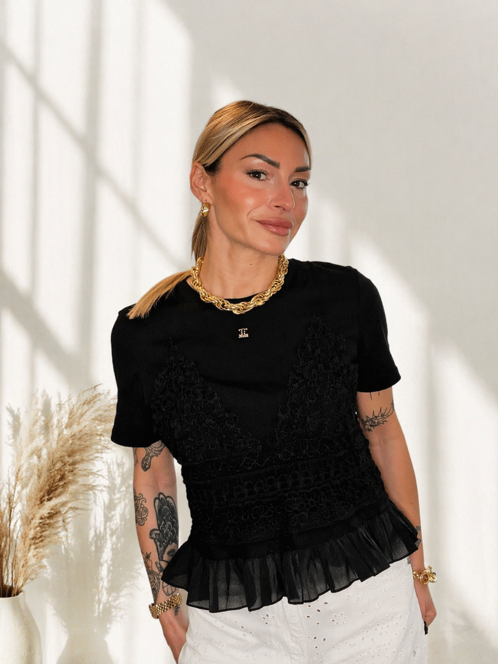 T-shirt bianca donna con top in pizzo