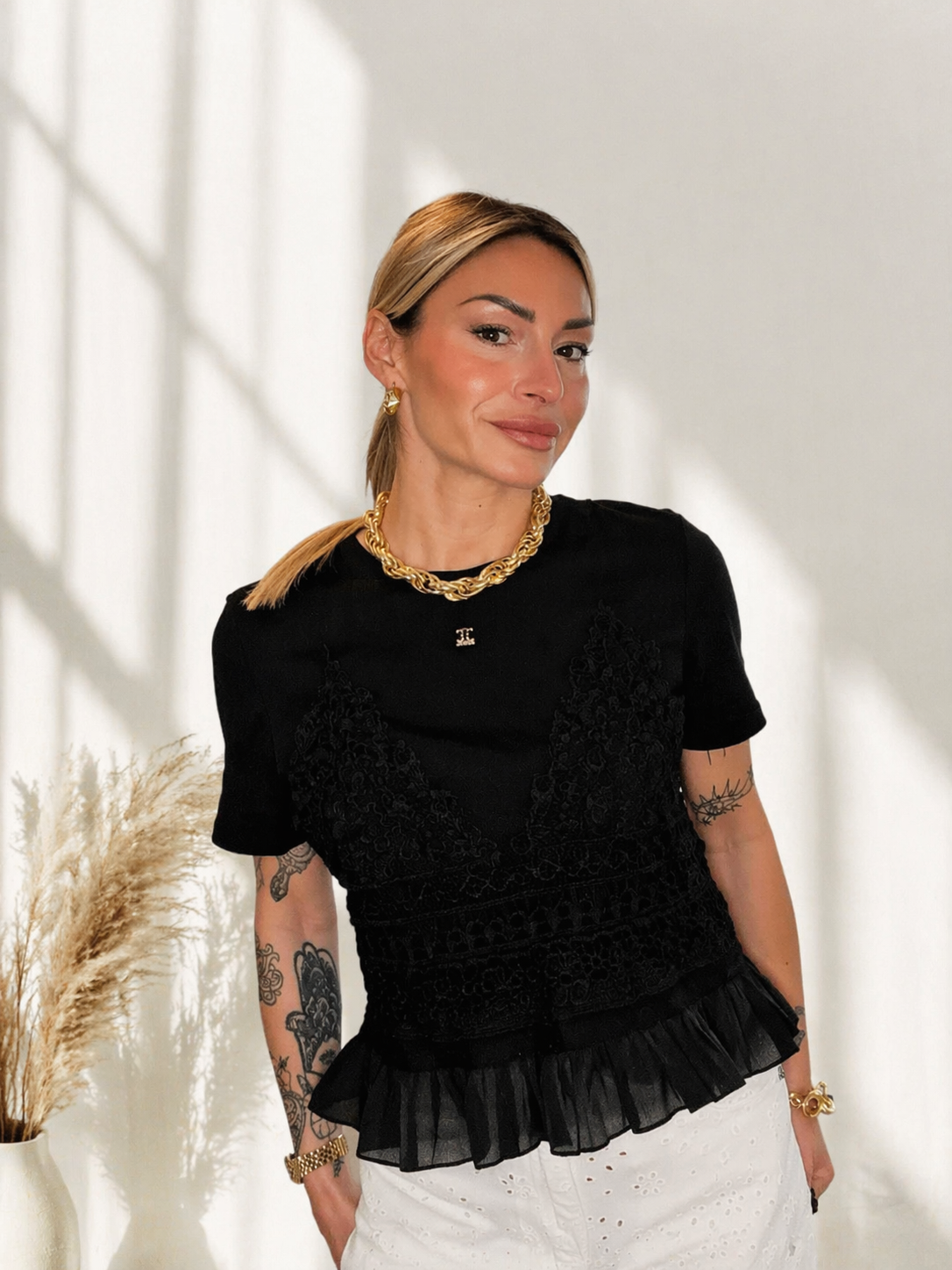T-shirt bianca donna con top in pizzo