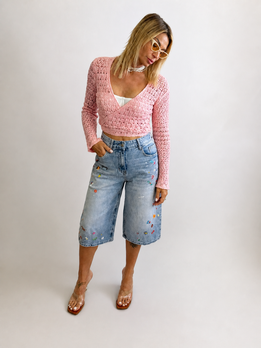 Denim donna corto con patch