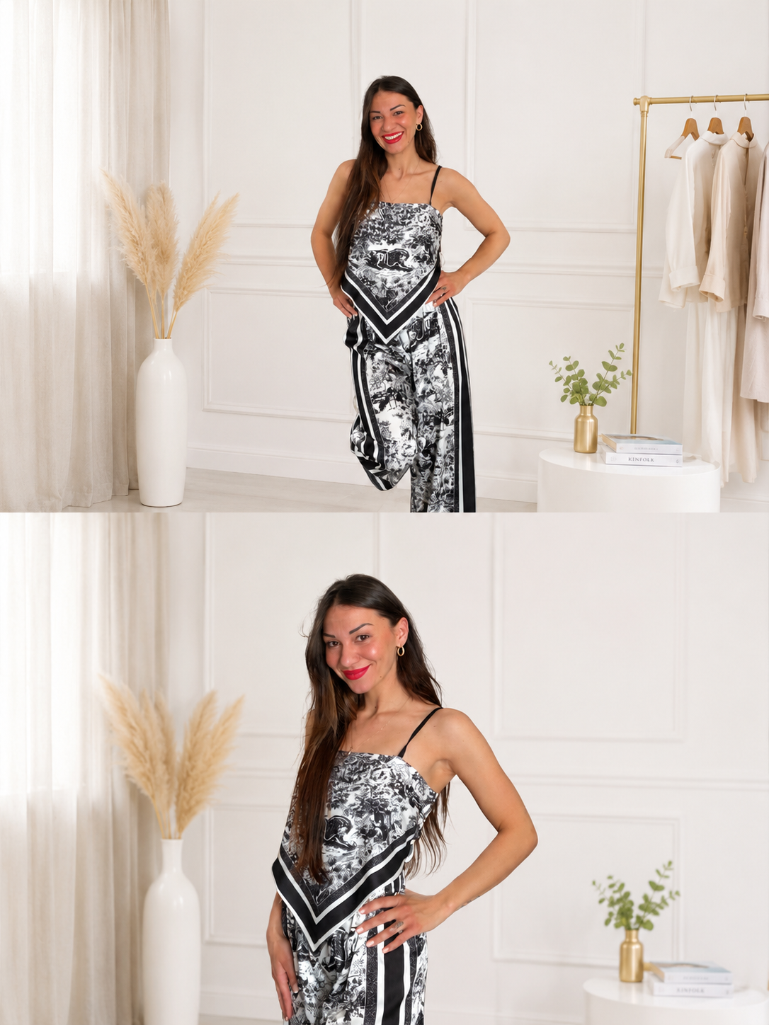 Completo donna in raso bianco e nero